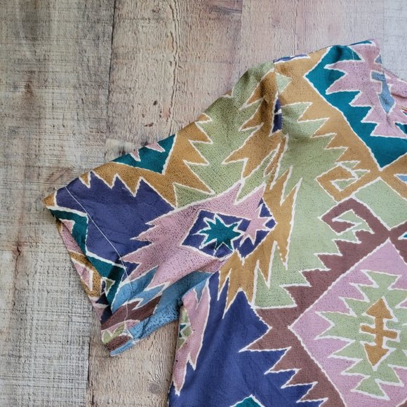 Aztec Print 100% Silk Short Sleeve Blouse - Picture 4 of 12